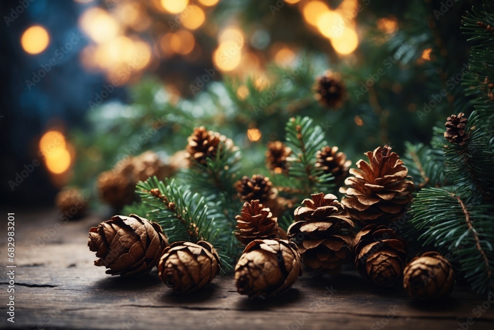 Poster christmas background with fir branches and cones. ai generative