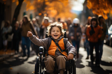 Happy disability kid friend concept. Lifestyle of special child walking or having street marathon race. Disabled teenager boy in wheelchair looking at camera smiling - Powered by Adobe