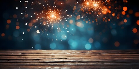 New Year Eve celebration Fireworks Background with copy space, blurred bokeh lights blue background  wallpaper, new beginning 