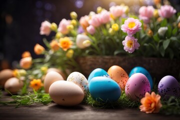Fototapeta na wymiar easter eggs and flowers. ai generative