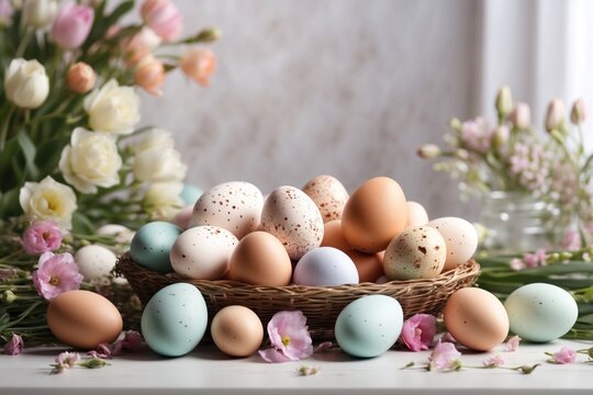 easter festivity eggs on white table. floral frame. ai generative