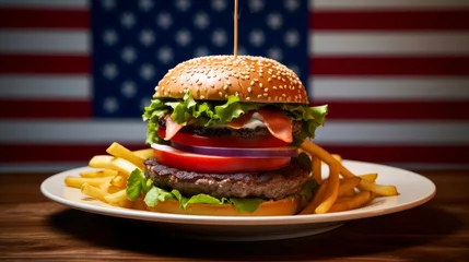 Fotobehang A big, tasty burger on a plate in a patriotic cafe, with an American flag in the background, not healthy food. © ALA
