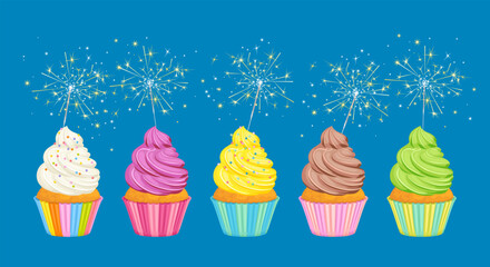 Set of multi-colored birthday cupcakes with sparkler on blue background. Vector cartoon illustration. 