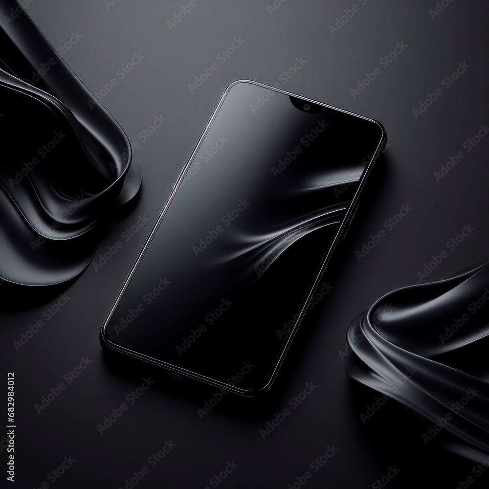 Poster modern smartphone device with black screen isolated on black background with copy space. ai generati