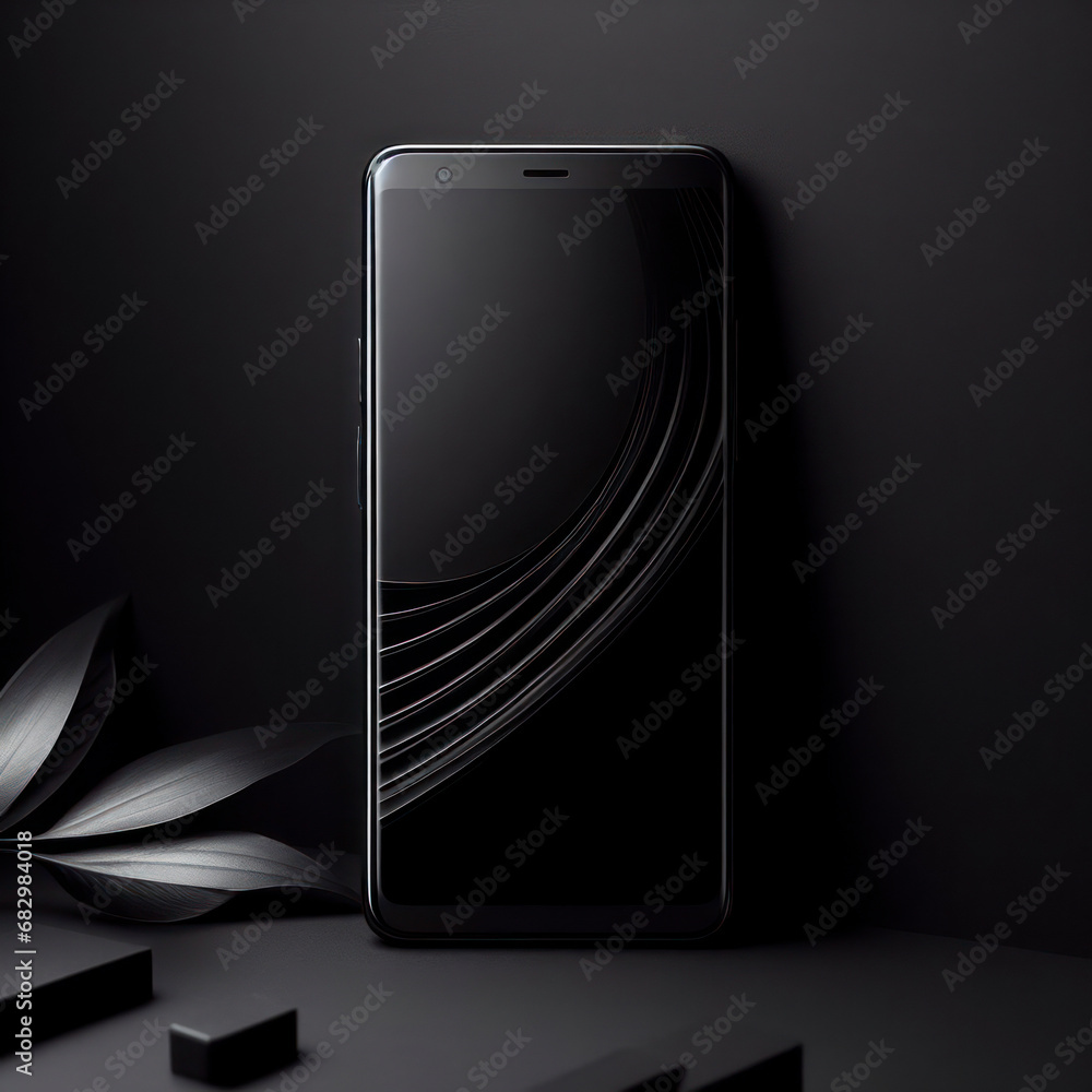 Poster modern smartphone device with black screen isolated on black background with copy space. ai generati
