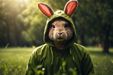 man wearing rabbit costume grass medow background. ai generative - obrazy, fototapety, plakaty
