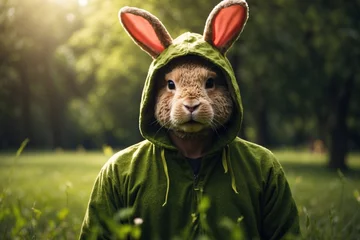 Poster man wearing rabbit costume grass medow background. ai generative © Igor