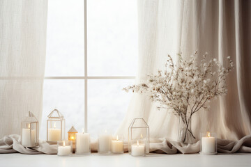 Scandinavian Christmas decor, featuring simple, elegant decorations like white candles, pine branches, and wooden stars on a clean, light background. The overall feel is minimalist and serene.
