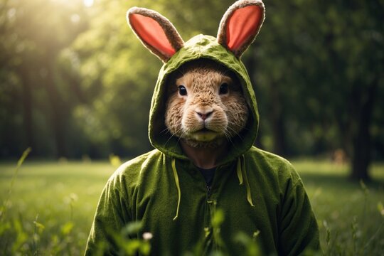 man wearing rabbit costume grass medow background. ai generative