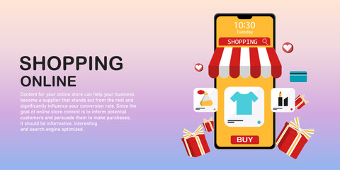 Mobile Application, Shopping Online on Website, Online shopping store on website and mobile phone design. Smart business marketing concept. Horizontal view. Vector Illustration, Vector Concept.