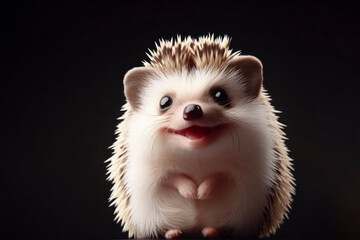 portrait of a happy hedgehog isolated with black background. ai generative