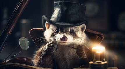 Ferret detective with hat inspecting magnifying glass - obrazy, fototapety, plakaty