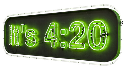 Crafted in 3D, a green neon sign with the content "It's 4:20," elegantly positioned on a metal base and isolated on a transparent background in PNG format.