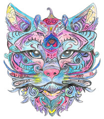 Hand drawn colored pencil multicolor cat head, multiple patterns, 1960s mandala efect