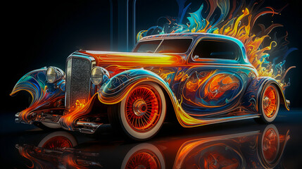 Abstract neon art for a Roadster Oldtimer car on fire flame