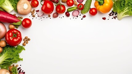 arrangement of fresh vegetables forming a border on a white background. Concept for culinary recipes, notes, restaurant and cafe menus