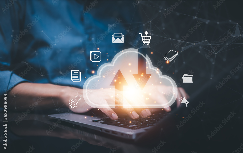 Poster business people using laptop with cloud computing system , storage and data transfer cloud network, 