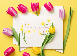 Greeting card for March 8, happy woman day. Generative AI.