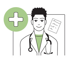 Nice male doctor with stethoscope and white coat, green clothing on white background for icons, profile, apps, wallpapers, posters