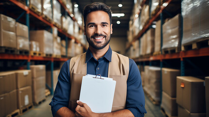 Portrait of happy male warehouse worker holding clipboard in warehouse. - obrazy, fototapety, plakaty