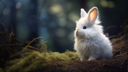 Mystical forest dweller, fluffy white rabbit amidst moss. Generative AI