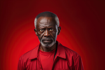 Fototapeta premium Senior adult African American male man wearing red shirt standing over studio isolated red background. Skeptic black nervous, disapproving expression on face. Social issues hunger and suffer concept