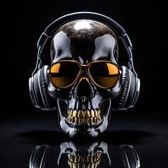 Black polished human skull wearing headphones and sunglasses. Music, heavy metal, rock.