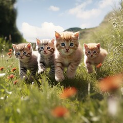  little kittens running in the grass