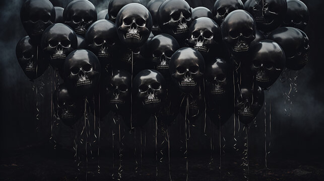 Black balloons with the image of a skull