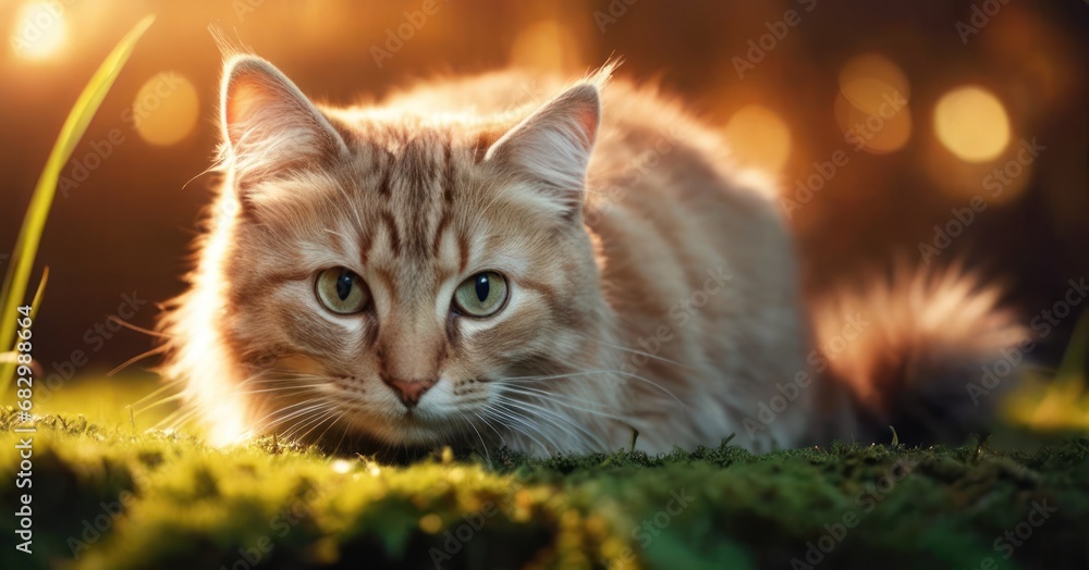 Poster a close up of a cat laying on a field of grass with the sun shining through the trees in the backgro