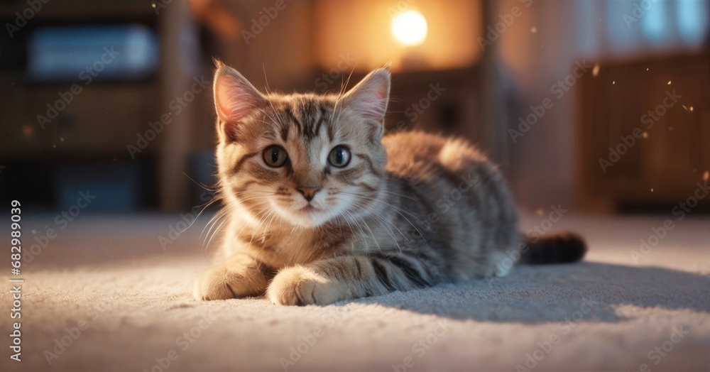 Poster a small kitten laying on the floor in front of a light that is shining down on it's head.