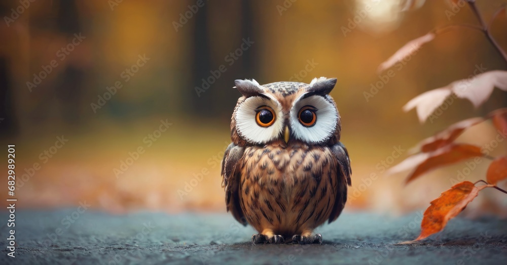Poster a close up of an owl on a road with a tree in the background and leaves in the foreground.