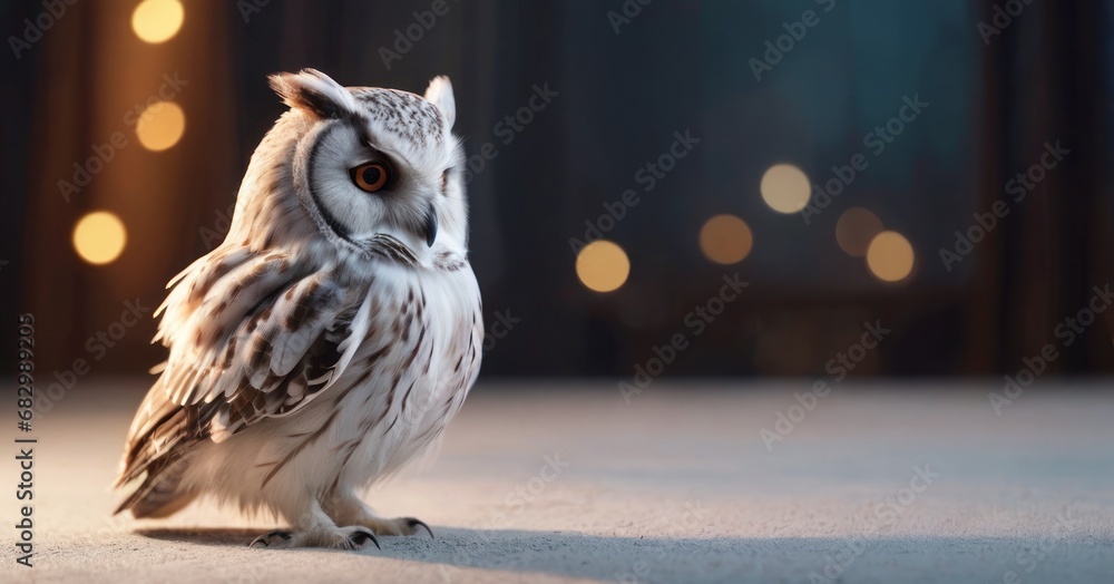 Poster a close up of a small owl on a floor with a blurry background of boke of lights in the background.