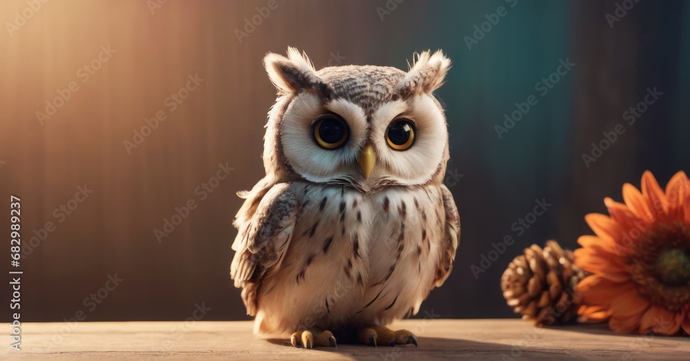 Poster an owl sitting on a table next to a sunflower and a pine cone with a blurry background behind it.