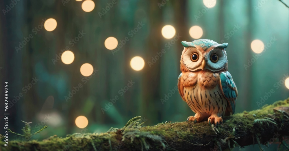 Poster an owl sitting on a mossy branch in a forest with a lot of lights on the trees in the background.