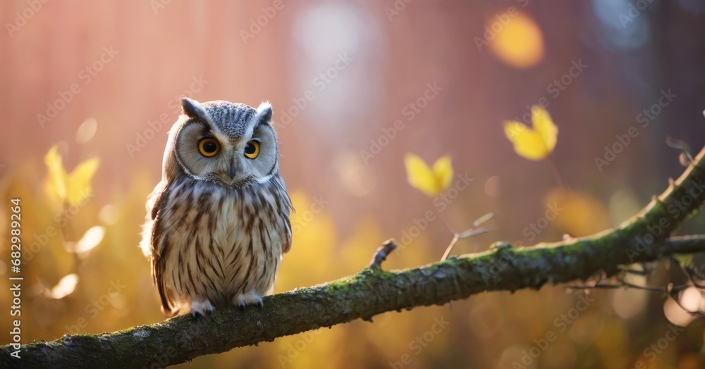 Poster an owl sitting on a tree branch in a forest with yellow leaves on the ground and trees in the backgr