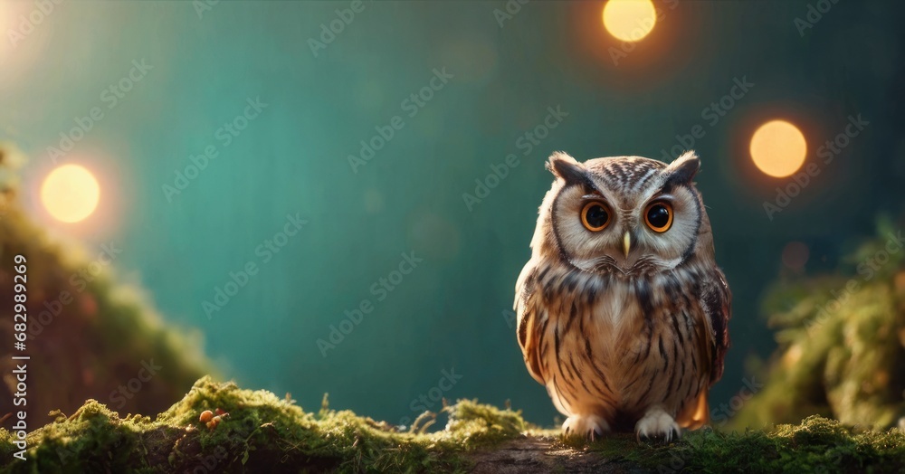 Poster a close up of an owl on a mossy surface with lights in the background and a tree in the foreground.