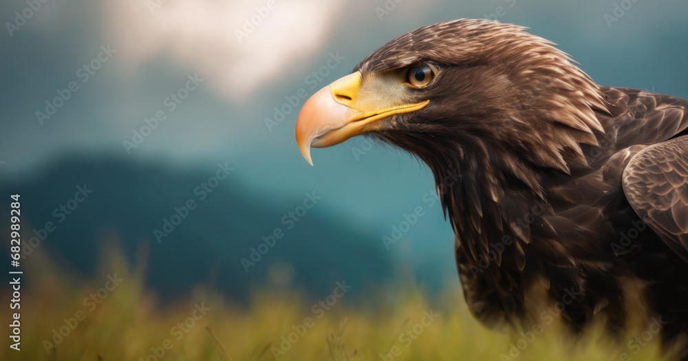 Poster a close up of a bird of prey in a field of grass with a cloudy sky and mountains in the background.