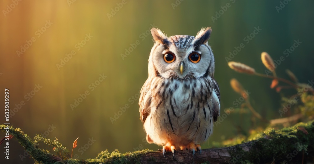 Aufkleber a close up of an owl on a branch with a background of plants and trees in the foreground and a brigh