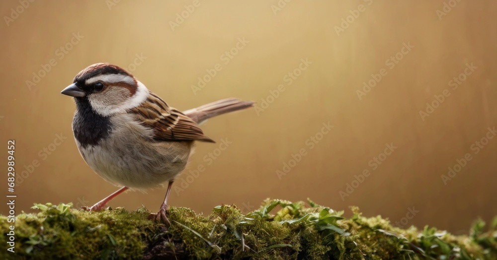 Poster a small bird perched on top of a moss covered tree branch in front of a brown wall with a light brow