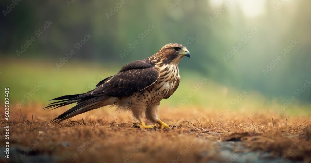 Aufkleber a bird of prey sitting on the ground in the middle of a field with grass and trees in the background