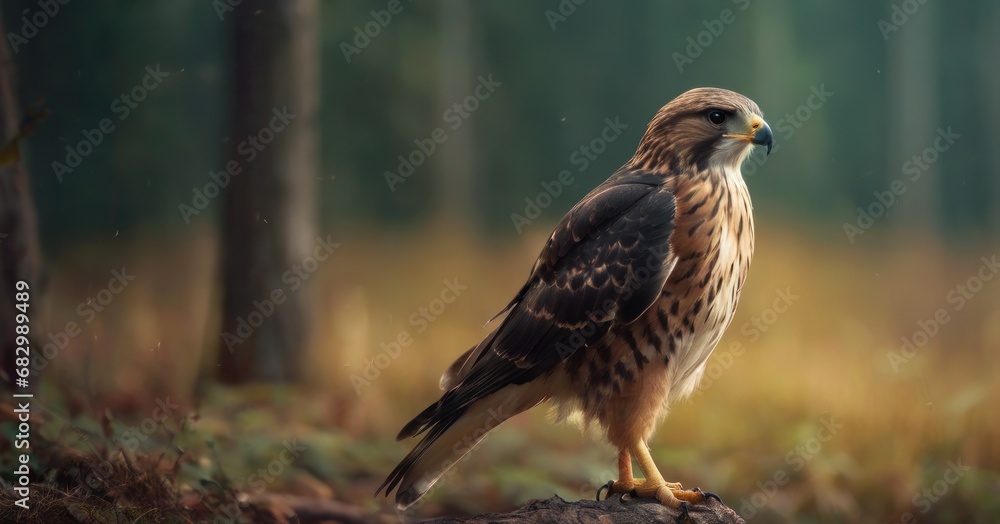 Poster a brown and black bird standing on a log in the middle of a forest with lots of trees in the backgro