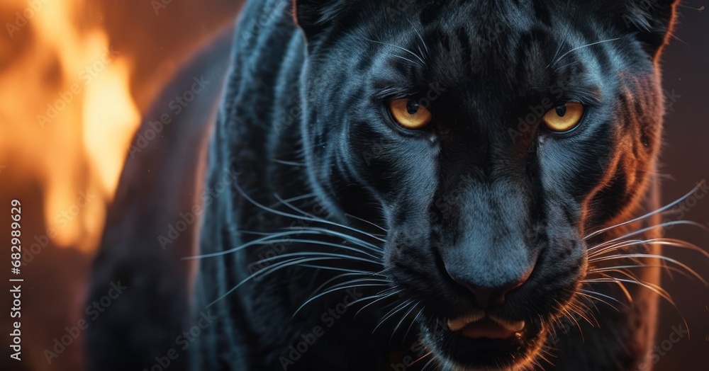 Poster a close - up of a black panther's face, with bright yellow eyes and a black fur coat.