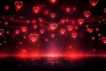 Heartbeat of the future An abstract background in bright pulsating red neon hearts.