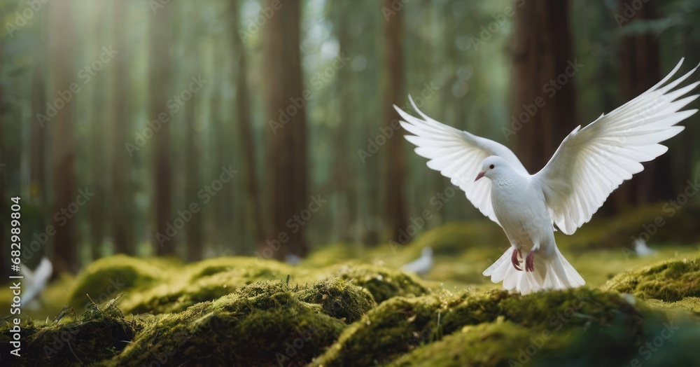 Poster a white bird flapping its wings in the middle of a forest with moss growing on the ground and trees 