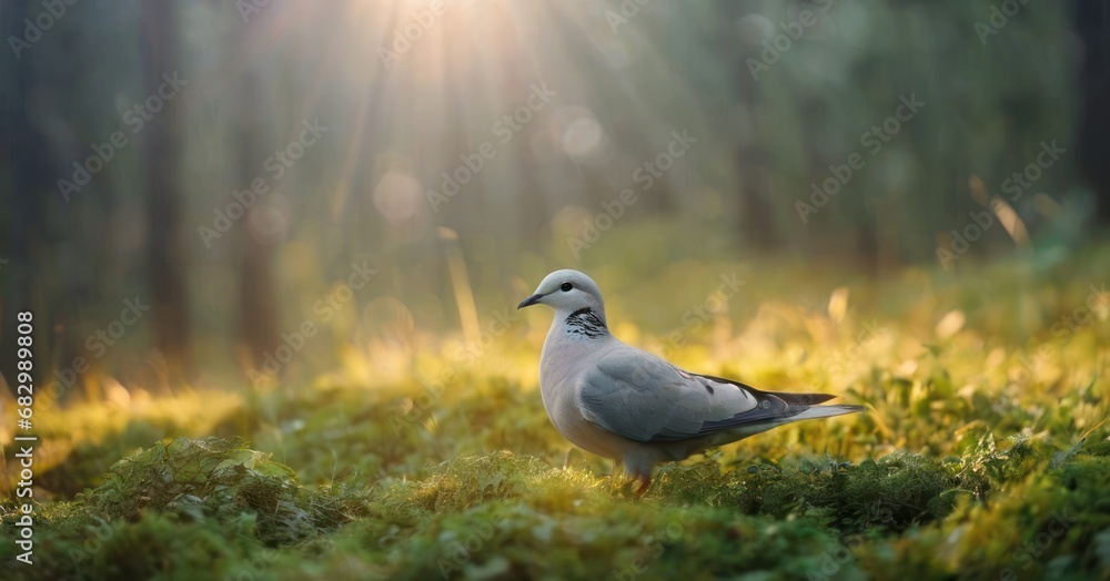 Poster a gray and white bird standing in a field of grass with the sun shining through the trees in the bac