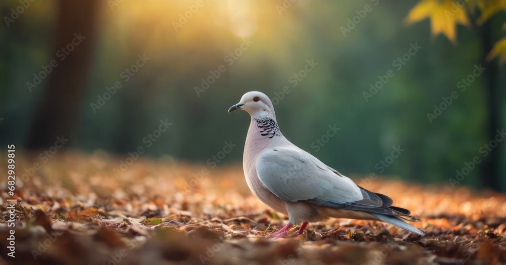 Poster a close up of a bird on the ground with leaves in the foreground and a tree in the background.