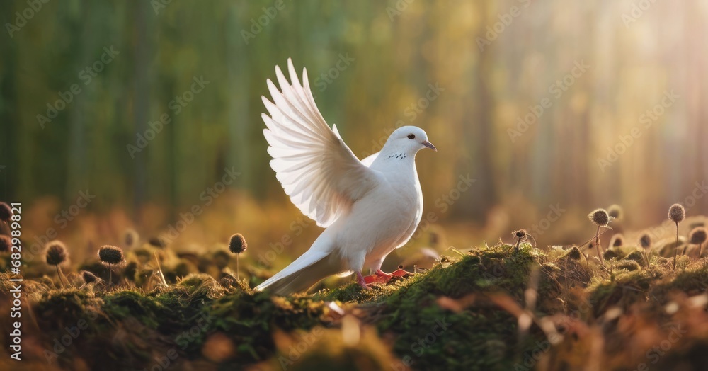 Poster a white bird with its wings open standing on a moss covered ground in a forest with mushrooms and tr