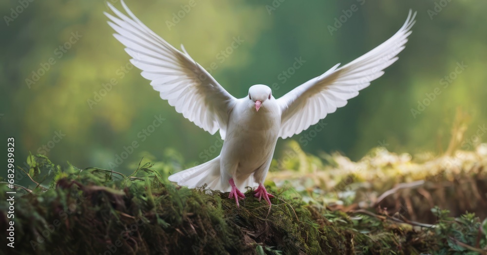 Poster  a white bird flapping its wings while sitting on a mossy branch in a forest area with trees in the background.