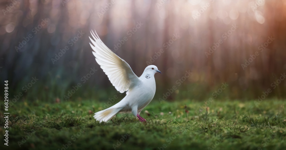 Poster a white bird with its wings spread out in a grassy area with trees in the background and sunlight sh